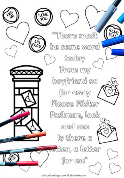 The lyrics to Please Mr postman on a coloring page